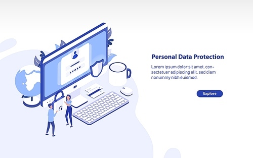 Web banner template with giant computer, pair of tiny people carrying padlock and place for text. Personal data protection, secure digital information access. Colorful isometric vector illustration.