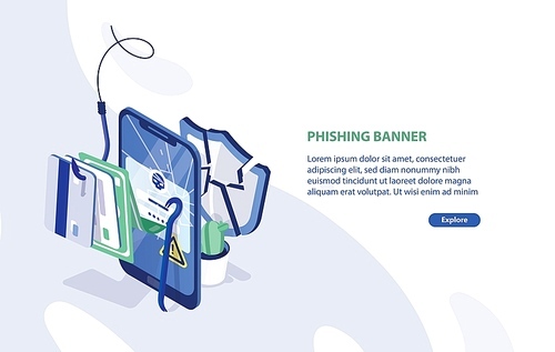 Modern web banner template with cracked smartphone, credit cards on fishing hook, broken protective shield and place for text. Phishing, internet fraud, online security. Isometric vector illustration.