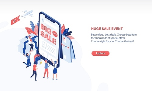 Scene with joyful customers or buyers standing in front of giant smartphone with Big Sale text on screen. Online shopping, internet retail. Modern colored vector illustration in isometric style.