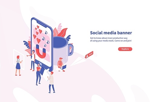 Creative horizontal web banner template with tiny people and giant smartphone. Social media and network tools for internet promotion and advertisement. Modern colorful isometric vector illustration.