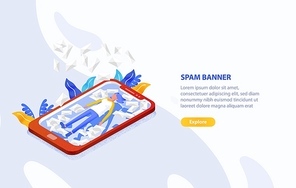 Creative web banner template with woman lying on screen of giant smartphone among many letters in envelopes. Spam and unsolicited messages. Colorful vector illustration for online service advertising