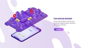 Creative web banner template with mobile phone projecting city map with taxi cabs locator. Colorful isometric vector illustration for smartphone app promo, internet car booking service advertisement