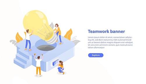 Web page template with group of people putting giant lightbulb into light fixture and place for text. Teamwork or collective work. Colorful isometric vector illustration for advertisement, promotion