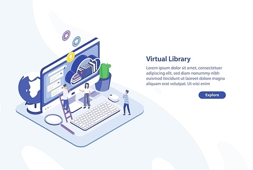 Creative web banner template with tiny people standing in front of giant computer screen and shelf of books. Virtual, electronic or online library service. Colorful isometric vector illustration