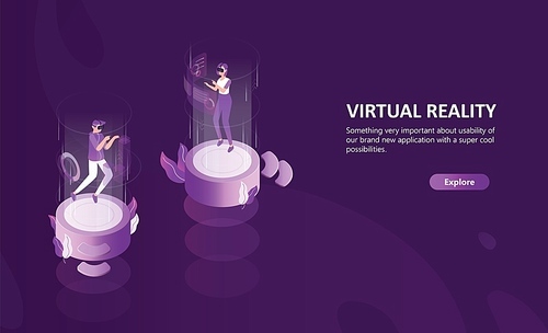 Horizontal web banner template with man and woman wearing virtual reality glasses. Male and female cartoon characters enjoying VR headset effects. Modern colorful isometric vector illustration.