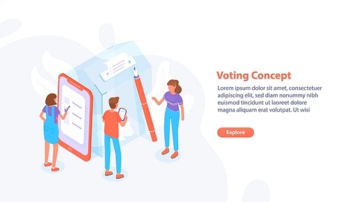 Web page, website or banner template with people standing beside giant ballot box at polling station and voting or taking part in election process. Modern colorful isometric vector illustration