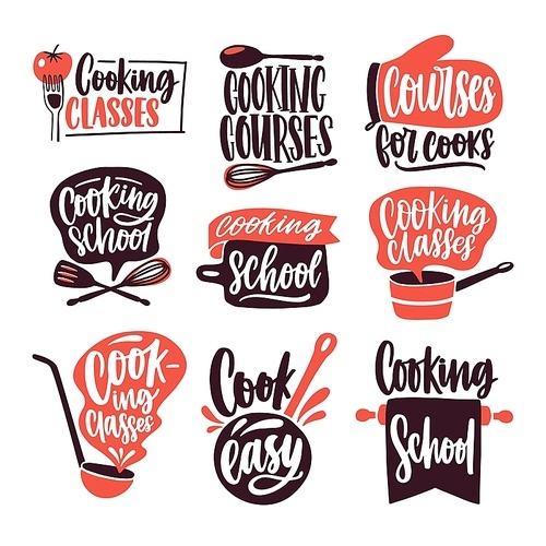 Collection of lettering written with cursive font and decorated with cookware, kitchen utensils isolated on white . Bundle of cooking classes or school logos. Colored vector illustration.