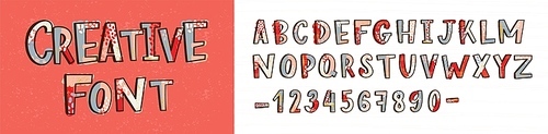 Creative latin font or decorative english alphabet hand drawn on light background. Collection of bright colored stylized letters arranged in alphabetical order and figures. Modern vector illustration.