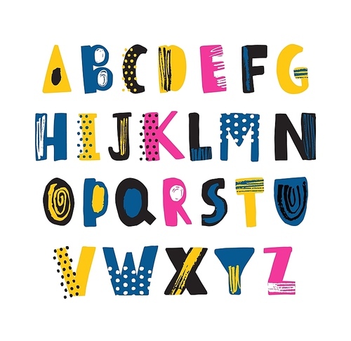 Cute childish latin font or funky english alphabet decorated with dots and scribble. Colorful textured letters placed in alphabetical order isolated on white . Flat vector illustration