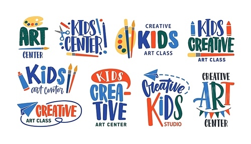 Collection of letterings handwritten with calligraphic fonts for logo of art class or creative studio for children. Set of inscriptions for kids' creativity center logotype. Vector illustration.