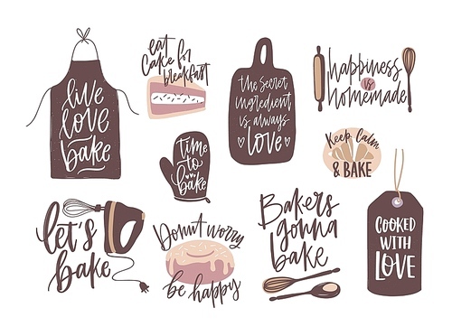Set of motivational slogans handwritten with cursive font decorated by cooking or baking design elements. Bundle of bakery compositions with inspirational phrases. Decorative vector illustration