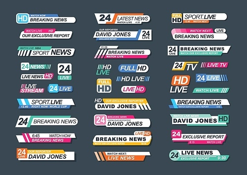 Collection of TV news bars for news, reports, live channels, streams. Bundle of television badges isolated on dark background. Stylish colorful vector illustration for advertisement and announcement.