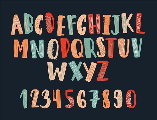 Creative hand drawn latin font or childish english alphabet decorated with scribble. Colorful letters arranged in alphabetical order and numbers isolated on black background. Vector illustration