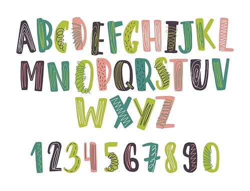 Hand drawn latin font or childish english alphabet decorated with daub or scribble. Bright colored letters arranged in alphabetical order and numbers isolated on white . Vector illustration