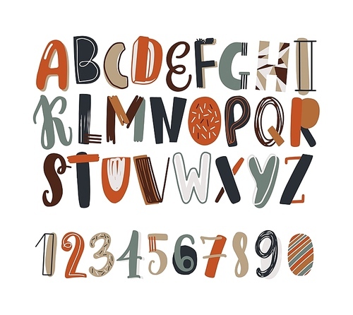Childish hand drawn latin font or english alphabet decorated with scribble or scrawl. Colored letters arranged in alphabetical order and numbers isolated on white . Vector illustration