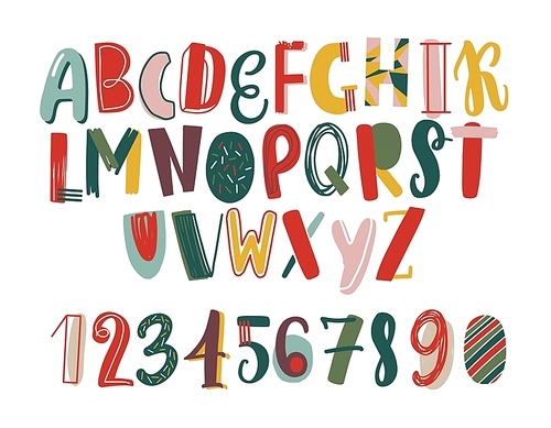 Modern hand drawn latin font or english alphabet for children decorated with scrawl. Bright letters arranged in alphabetical order and figures isolated on white . Vector illustration