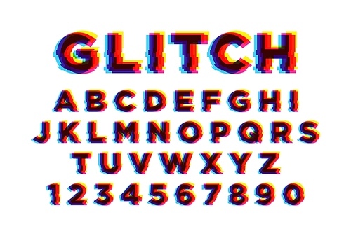 Latin font or english alphabet written on white background. Letters arranged in alphabetical order and numbers with video defect, electronic glitch effect, cyber crash. Modern vector illustration.