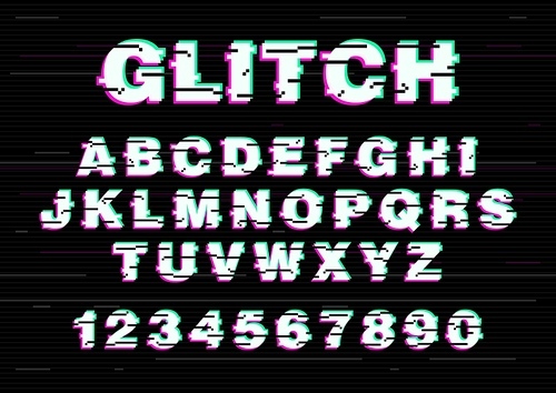 Latin font or english alphabet written with creative font. Letters arranged in alphabetical order and numbers with damaged video effect, electronic glitch, digital noise. Vector illustration