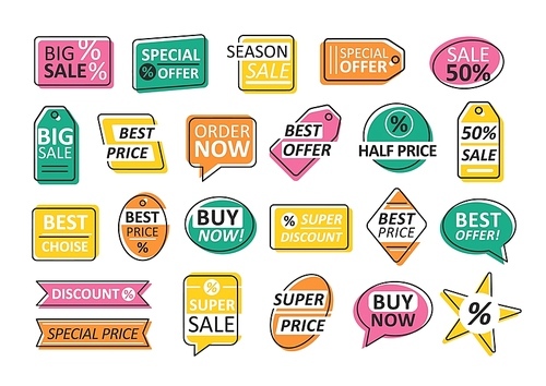 Bundle of labels isolated on white . Set of colorful tags for shop or store sale and discount - best offer, price, choice. Creative colored vector illustration for promotion, advertisement