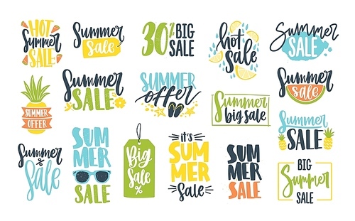 Collection of summer sale calligraphic lettering decorated with summertime attributes and isolated on white . Bright colored vector illustration for seasonal discount at shop or store