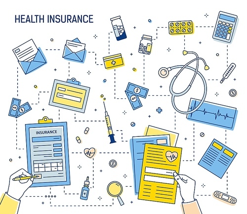 Colorful square banner with hands filling out document of health insurance and calculating healthcare expenses surrounded by medicines, medical tools, money bills, coins. Linear vector illustration
