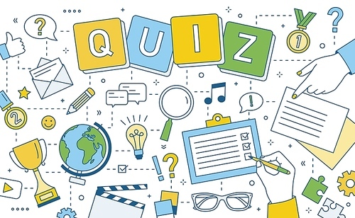 Banner with hands of people solving puzzle or riddle, playing intellectual game, taking part in quiz tournament, challenging their mind. Colorful vector illustration in modern line art style