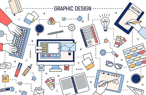 Web banner template with graphic design or digital art tools, hands working on computer or drawing on tablet surrounded by stationery on white background. Vector illustration in modern linear style