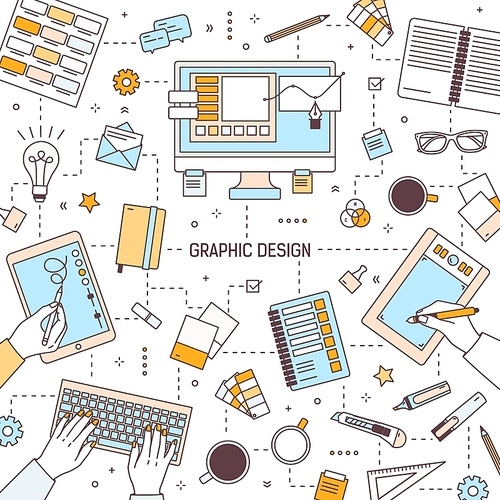 Square banner template with graphic design or digital art tools, designers typing on keyboard or drawing on tablet, stationery or office supplies. Vector illustration in modern line art style