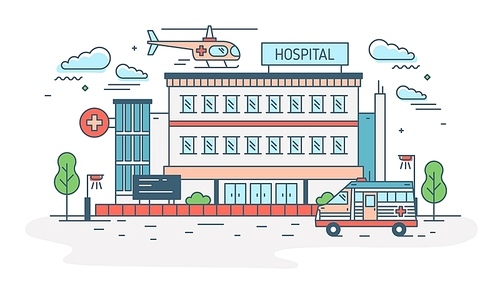 Hospital, clinic or medical center building with helicopter landing on top of it and ambulance. Health care institution providing treatment. Colorful vector illustration in modern line art style