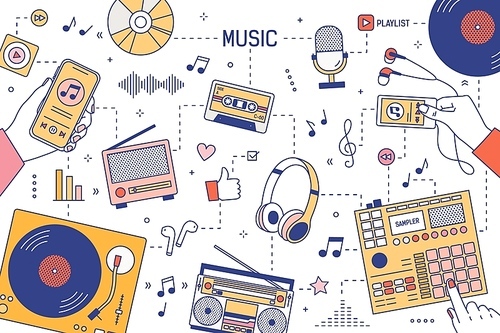 Web banner template with hands and devices for music playing and listening - player, boombox, radio, microphone, earphones, turntable, smartphone, vinyl records. Vector illustration in linear style