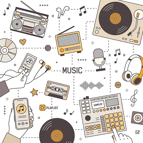 Square banner template with hands and devices for music playing, recording and listening - radio receiver, boombox, player, microphone, headphones, turntable. Vector illustration in linear style