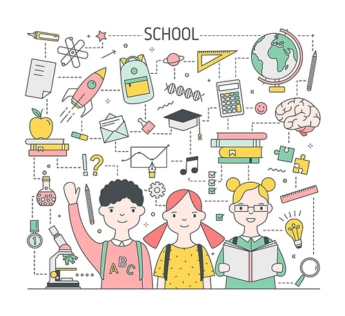 Square Back To School banner template with adorable joyful children, pupils or classmates surrounded by stationery and education symbols. Bright colored vector illustration in modern line art style.
