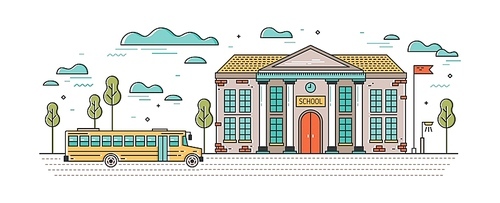 Horizontal banner with classic school building and bus for children driving on road. Educational institution, system of formal education. Bright colored vector illustration in modern line art style.