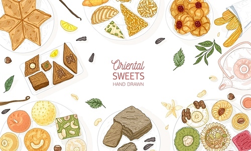 Horizontal banner template with oriental sweets lying on plates on white background, top view. Traditional desserts, tasty confectionery, delicious pastry products. Hand drawn vector illustration