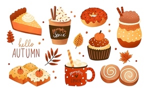Collection of pumpkin spice seasonal flavored products, food and drinks isolated on white background. Bundle of autumn delicious sweet desserts or pastry. Modern colorful vector illustration