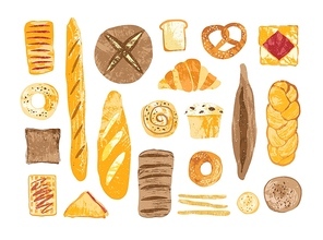 Bundle of breads and homemade baked products of different types, shapes and sizes isolated on white background - loaf, bun, baguette, toast, muffin, pretzel, waffle. Hand drawn vector illustration.