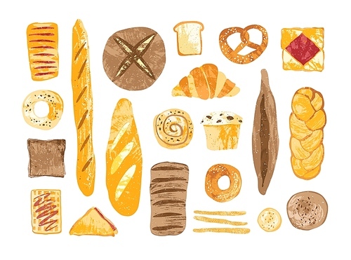 Bundle of breads and homemade baked products of different types, shapes and sizes isolated on white  - loaf, bun, baguette, toast, muffin, pretzel, waffle. Hand drawn vector illustration.