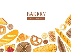 Horizontal background decorated with hand drawn breads, baked products and sweet pastry of various types on white background. Colorful vector illustration for bakery advertisement, promotion.
