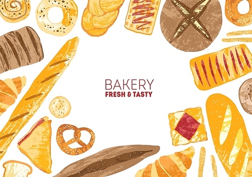 Horizontal banner decorated with breads and baked products of various types on white background - loaf, croissant, toast, ciabatta, pretzel. Colorful vector illustration for bakery advertisement.