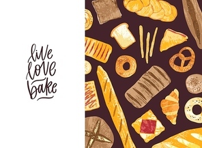 Horizontal banner with tasty fresh breads, homemade baked products and sweet pastry of different types and Live Love Bake motivational slogan. Vector illustration for bakery advertisement.