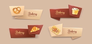 Collection of elegant tape or ribbon banners with delicious pastry or baked products - pretzel, muffin, croissant, waffle. Colorful decorative elements. Vector illustration for bakery promotion.