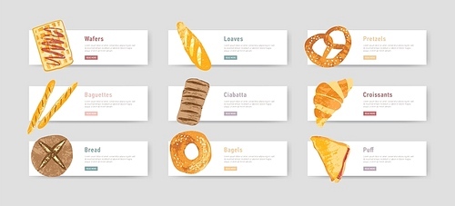 Bundle of web banners with fresh and tasty bread, pastry or baked products and place for text or description. Set of design elements. Vector illustration for bakery promotion, advertisement.