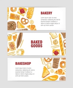 Set of web banner templates with delicious bread, pastry or baked products and place for text on white background. Colorful vector illustration for bakery or bakeshop promotion, advertisement.