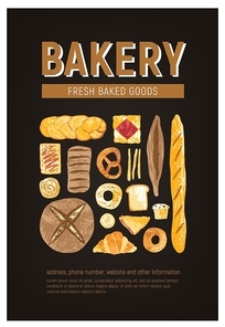 Vertical flyer or poster template with fresh bread, pastry, baked goods of various types and place for text on black background. Vector illustration for bakery or bakeshop promo, advertisement