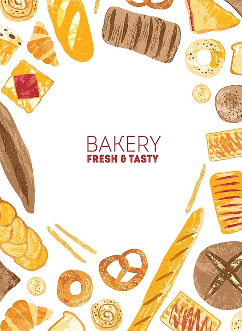 Vertical flyer or poster template decorated with frame made of breads and baked products of different types on white background. Colorful vector illustration for bakery or bakeshop advertisement