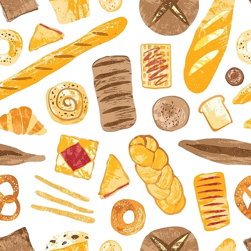 Colorful seamless pattern with tasty homemade baked breads, buns, baguettes, bagels, croissants, pretzels, toasts and wafers on white background. Vector illustration for textile , wallpaper.