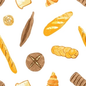 Seamless pattern with tasty breads, dessert pastry, baked products or bakery goods of different types on white background. Colorful vector illustration for fabric print, backdrop, wrapping paper