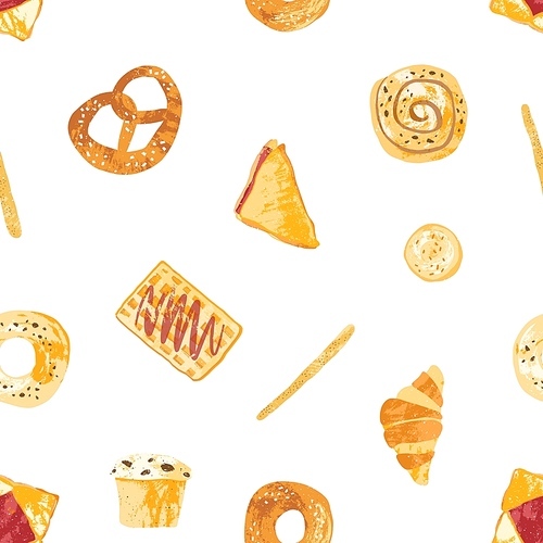 Seamless pattern with appetizing breads, baked sweet pastry and desserts made of dough of various types on white background. Colored vector illustration for textile , backdrop, wrapping paper
