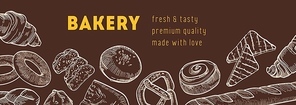 Web banner template with tasty breads and fresh baked products hand drawn with contour lines on dark background. Realistic vector illustration in vintage style for bakery or bakeshop advertisement