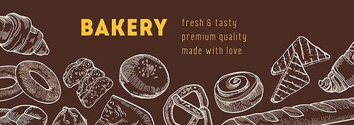 Web banner template with tasty breads and fresh baked products hand drawn with contour lines on dark background. Realistic vector illustration in vintage style for bakery or bakeshop advertisement